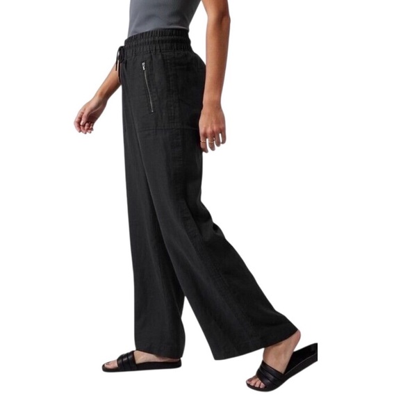 Athleta Pants 12P Cabo Wide-Leg High Rise Joggers Black Linen - Picture 3 of 12